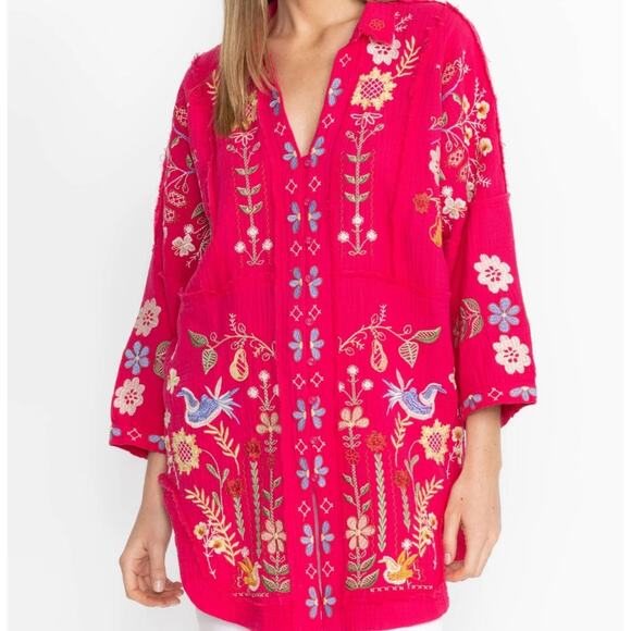 JOHNNY WAS Womens Felicity Embroidered Cotton Tunic Virt Pink XL NWT Blouse BIYA - Picture 1 of 10